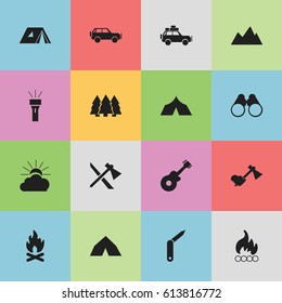 Set Of 16 Editable Travel Icons. Includes Symbols Such As Voyage Car, Tomahawk, Blaze And More. Can Be Used For Web, Mobile, UI And Infographic Design.