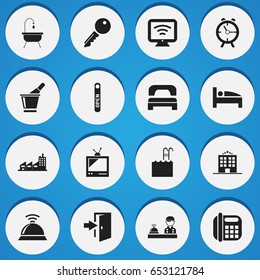 Set Of 16 Editable Travel Icons. Includes Symbols Such As Check In, Champagne, Tv And More. Can Be Used For Web, Mobile, UI And Infographic Design.