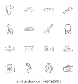 Set Of 16 Editable Travel Icons. Includes Symbols Such As Musical Instrument, Hiker, Carabine And More. Can Be Used For Web, Mobile, UI And Infographic Design.