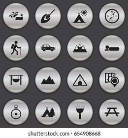 Set Of 16 Editable Travel Icons. Includes Symbols Such As Bedroll, Gait, Orientation And More. Can Be Used For Web, Mobile, UI And Infographic Design.