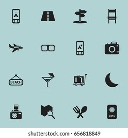 Set Of 16 Editable Travel Icons. Includes Symbols Such As Crescent, Tent In Phone, Telephone And More. Can Be Used For Web, Mobile, UI And Infographic Design.