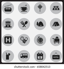 Set Of 16 Editable Travel Icons. Includes Symbols Such As Caution, Luxury Inn, Date Block And More. Can Be Used For Web, Mobile, UI And Infographic Design.