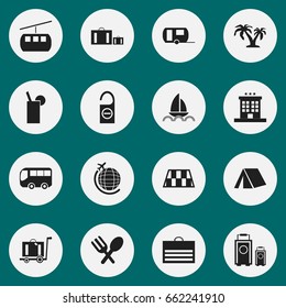 Set Of 16 Editable Travel Icons. Includes Symbols Such As Cableway, Do Not Disturb, Tree And More. Can Be Used For Web, Mobile, UI And Infographic Design.