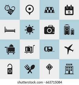 Set Of 16 Editable Travel Icons. Includes Symbols Such As Cutlery, Caution, Do Not Disturb And More. Can Be Used For Web, Mobile, UI And Infographic Design.