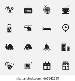 Set Of 16 Editable Travel Icons. Includes Symbols Such As Location, Do Not Disturb, Tent And More. Can Be Used For Web, Mobile, UI And Infographic Design.
