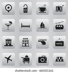 Set Of 16 Editable Travel Icons. Includes Symbols Such As Hotel, Aircraft, Welcome Board And More. Can Be Used For Web, Mobile, UI And Infographic Design.