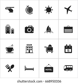 Set Of 16 Editable Travel Icons. Includes Symbols Such As Hotel, Mattress, Welcome Board And More. Can Be Used For Web, Mobile, UI And Infographic Design.