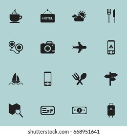 Set Of 16 Editable Travel Icons. Includes Symbols Such As Greenback, Mobile Phone, Map And More. Can Be Used For Web, Mobile, UI And Infographic Design.