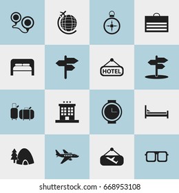 Set Of 16 Editable Travel Icons. Includes Symbols Such As Map, Suitcases, Family Suit And More. Can Be Used For Web, Mobile, UI And Infographic Design.