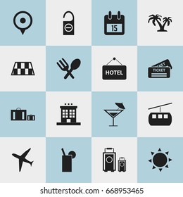 Set Of 16 Editable Travel Icons. Includes Symbols Such As Lemonade, Aircraft, Coupon And More. Can Be Used For Web, Mobile, UI And Infographic Design.