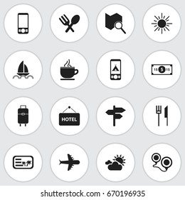 Set Of 16 Editable Travel Icons. Includes Symbols Such As Map, Yacht, Fork With Knife And More. Can Be Used For Web, Mobile, UI And Infographic Design.