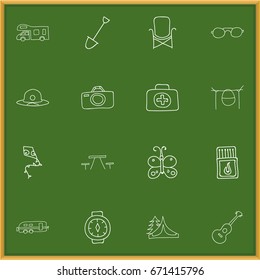Set Of 16 Editable Travel Icons. Includes Symbols Such As Camp House, Flying Toy, Caravan And More. Can Be Used For Web, Mobile, UI And Infographic Design.