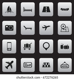 Set Of 16 Editable Travel Icons. Includes Symbols Such As Vacation, Pin, Sunbathing And More. Can Be Used For Web, Mobile, UI And Infographic Design.