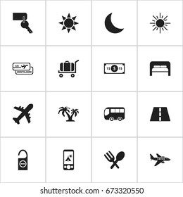 Set Of 16 Editable Travel Icons. Includes Symbols Such As Do Not Disturb, Sun, Tree And More. Can Be Used For Web, Mobile, UI And Infographic Design.