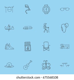 Set Of 16 Editable Travel Icons. Includes Symbols Such As Seat, Campfire Cooking, Wrist Clock And More. Can Be Used For Web, Mobile, UI And Infographic Design.