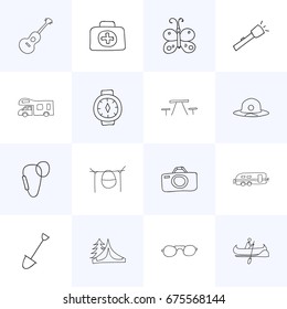 Set Of 16 Editable Travel Icons. Includes Symbols Such As Photographing, Campfire Cooking, Camp House And More. Can Be Used For Web, Mobile, UI And Infographic Design.