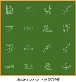 Set Of 16 Editable Travel Icons. Includes Symbols Such As Camp House, Flashlight, Wrist Clock And More. Can Be Used For Web, Mobile, UI And Infographic Design.