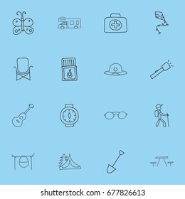 Set Of 16 Editable Travel Icons. Includes Symbols Such As Campfire Cooking, Beauty Insect, Medical Kit And More. Can Be Used For Web, Mobile, UI And Infographic Design.
