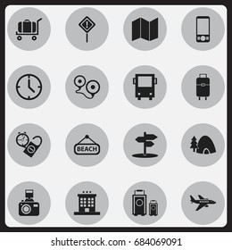 Set Of 16 Editable Travel Icons. Includes Symbols Such As Tabernacle, Plage, Luxury Inn And More. Can Be Used For Web, Mobile, UI And Infographic Design.
