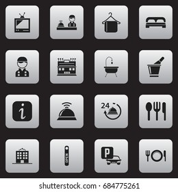 Set Of 16 Editable Travel Icons. Includes Symbols Such As Information Sign, Hostel, Residence And More. Can Be Used For Web, Mobile, UI And Infographic Design.