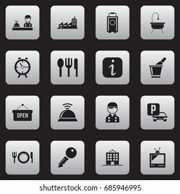 Set Of 16 Editable Travel Icons. Includes Symbols Such As Auto Stand, Dishes , Service Bell. Can Be Used For Web, Mobile, UI And Infographic Design.