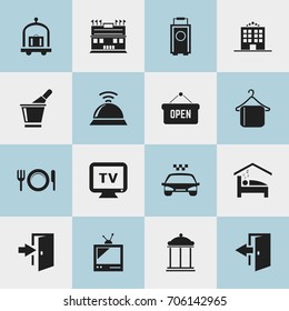 Set Of 16 Editable Travel Icons. Includes Symbols Such As Trolley, Service Bell, Bedroom And More. Can Be Used For Web, Mobile, UI And Infographic Design.