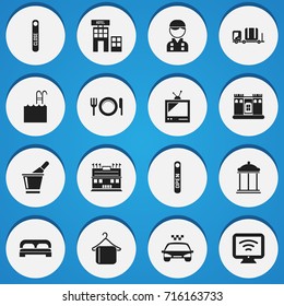 Set Of 16 Editable Travel Icons. Includes Symbols Such As Open Sign, Tv, Transport Car And More. Can Be Used For Web, Mobile, UI And Infographic Design.