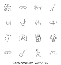 Set Of 16 Editable Trip Doodles. Includes Symbols Such As Medical Kit, Campfire Cooking, Flammable Stick And More. Can Be Used For Web, Mobile, UI And Infographic Design.
