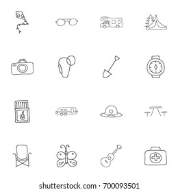 Set Of 16 Editable Trip Doodles. Includes Symbols Such As Musical Instrument, Medical Kit, Camp House And More. Can Be Used For Web, Mobile, UI And Infographic Design.