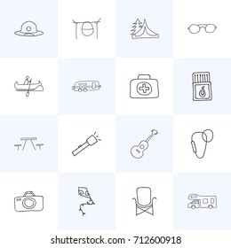 Set Of 16 Editable Trip Doodles. Includes Symbols Such As Camp House, Camper, Seat And More. Can Be Used For Web, Mobile, UI And Infographic Design.