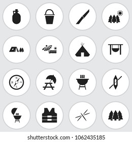Set of 16 editable trip icons. Includes symbols such as jug, ship, fire pot and more. Can be used for web, mobile, UI and infographic design.