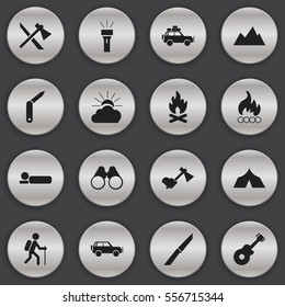 Set Of 16 Editable Trip Icons. Includes Symbols Such As Knife, Fever, Sunrise And More. Can Be Used For Web, Mobile, UI And Infographic Design.