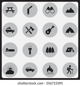 Set Of 16 Editable Trip Icons. Includes Symbols Such As Lantern, Sunrise, Voyage Car And More. Can Be Used For Web, Mobile, UI And Infographic Design.