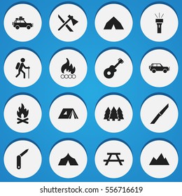 Set Of 16 Editable Trip Icons. Includes Symbols Such As Pine, Sport Vehicle, Refuge And More. Can Be Used For Web, Mobile, UI And Infographic Design.