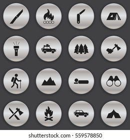 Set Of 16 Editable Trip Icons. Includes Symbols Such As Pine, Tomahawk, Lantern And More. Can Be Used For Web, Mobile, UI And Infographic Design.