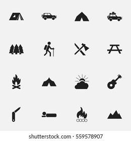 Set Of 16 Editable Trip Icons. Includes Symbols Such As Tepee, Desk, Musical Instrument And More. Can Be Used For Web, Mobile, UI And Infographic Design.