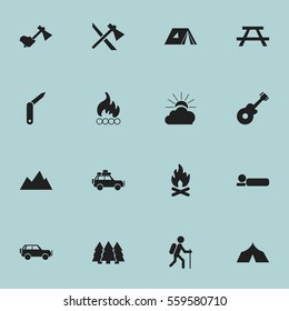 Set Of 16 Editable Trip Icons. Includes Symbols Such As Pine, Desk, Voyage Car And More. Can Be Used For Web, Mobile, UI And Infographic Design.