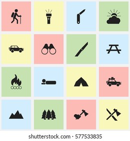 Set Of 16 Editable Trip Icons. Includes Symbols Such As Gait, Voyage Car, Tepee And More. Can Be Used For Web, Mobile, UI And Infographic Design.