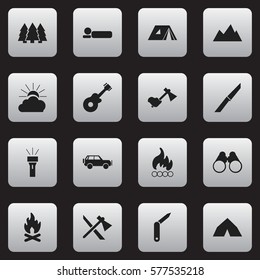 Set Of 16 Editable Trip Icons. Includes Symbols Such As Shelter, Lantern, Sunrise And More. Can Be Used For Web, Mobile, UI And Infographic Design.