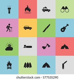 Set Of 16 Editable Trip Icons. Includes Symbols Such As Voyage Car, Tepee, Clasp-Knife And More. Can Be Used For Web, Mobile, UI And Infographic Design.