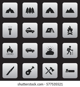 Set Of 16 Editable Trip Icons. Includes Symbols Such As Bedroll, Tomahawk, Tepee And More. Can Be Used For Web, Mobile, UI And Infographic Design.