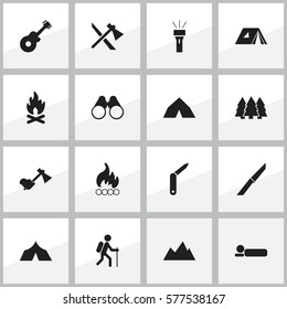 Set Of 16 Editable Trip Icons. Includes Symbols Such As Fever, Tomahawk, Knife And More. Can Be Used For Web, Mobile, UI And Infographic Design.