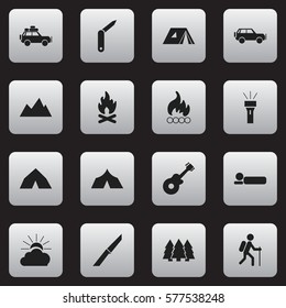 Set Of 16 Editable Trip Icons. Includes Symbols Such As Gait, Blaze, Tepee And More. Can Be Used For Web, Mobile, UI And Infographic Design.