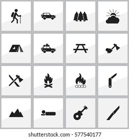 Set Of 16 Editable Trip Icons. Includes Symbols Such As Shelter, Voyage Car, Fever And More. Can Be Used For Web, Mobile, UI And Infographic Design.