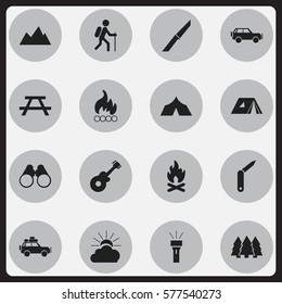 Set Of 16 Editable Trip Icons. Includes Symbols Such As Lantern, Sport Vehicle, Refuge And More. Can Be Used For Web, Mobile, UI And Infographic Design.