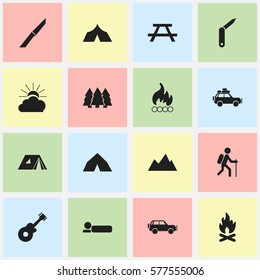 Set Of 16 Editable Trip Icons. Includes Symbols Such As Sunrise, Gait, Refuge And More. Can Be Used For Web, Mobile, UI And Infographic Design.