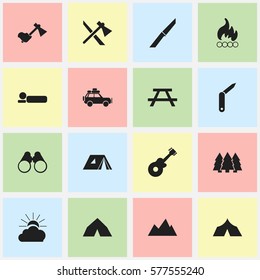 Set Of 16 Editable Trip Icons. Includes Symbols Such As Ax, Shelter, Pine And More. Can Be Used For Web, Mobile, UI And Infographic Design.