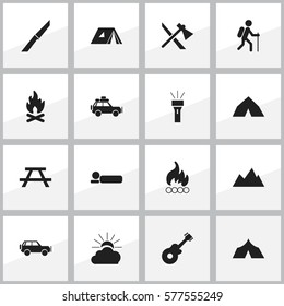 Set Of 16 Editable Trip Icons. Includes Symbols Such As Desk, Knife, Sunrise And More. Can Be Used For Web, Mobile, UI And Infographic Design.