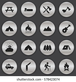 Set Of 16 Editable Trip Icons. Includes Symbols Such As Ax, Gait, Pine And More. Can Be Used For Web, Mobile, UI And Infographic Design.