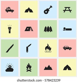 Set Of 16 Editable Trip Icons. Includes Symbols Such As Sport Vehicle, Bedroll, Shelter And More. Can Be Used For Web, Mobile, UI And Infographic Design.